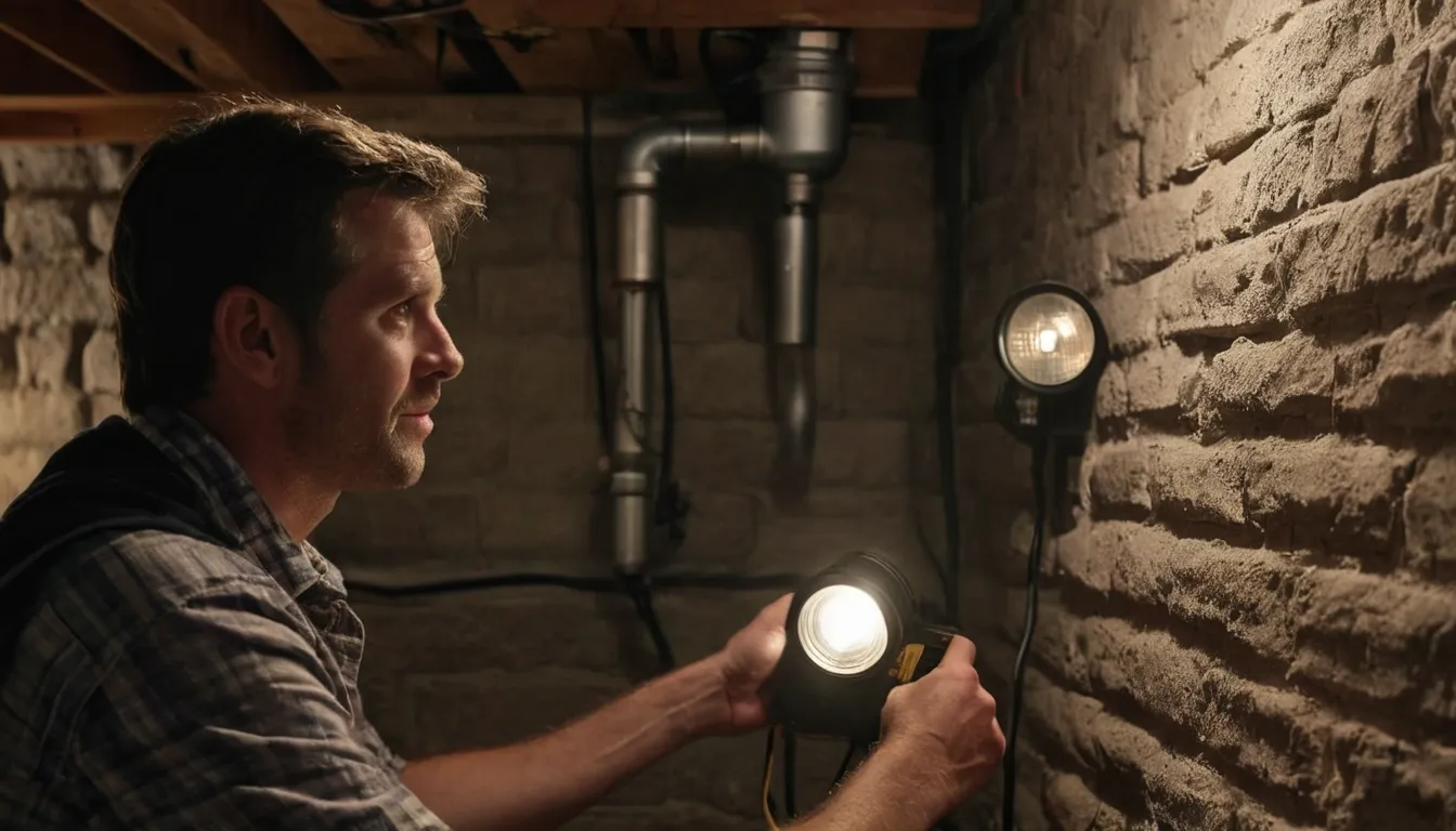 A homeowner checking a basement wall with a flashlight in the Rochester area
