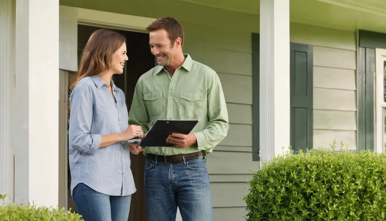 A friendly pest control provider talking with a homeowner at the front door of a home in Rochester