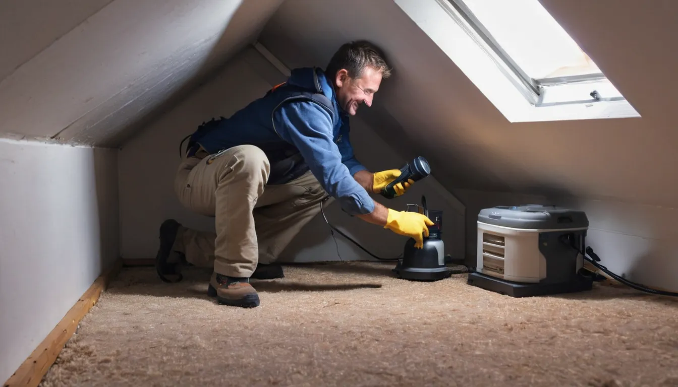 Friendly pest and wildlife provider inspecting an attic with a flashlight in a Rochester home